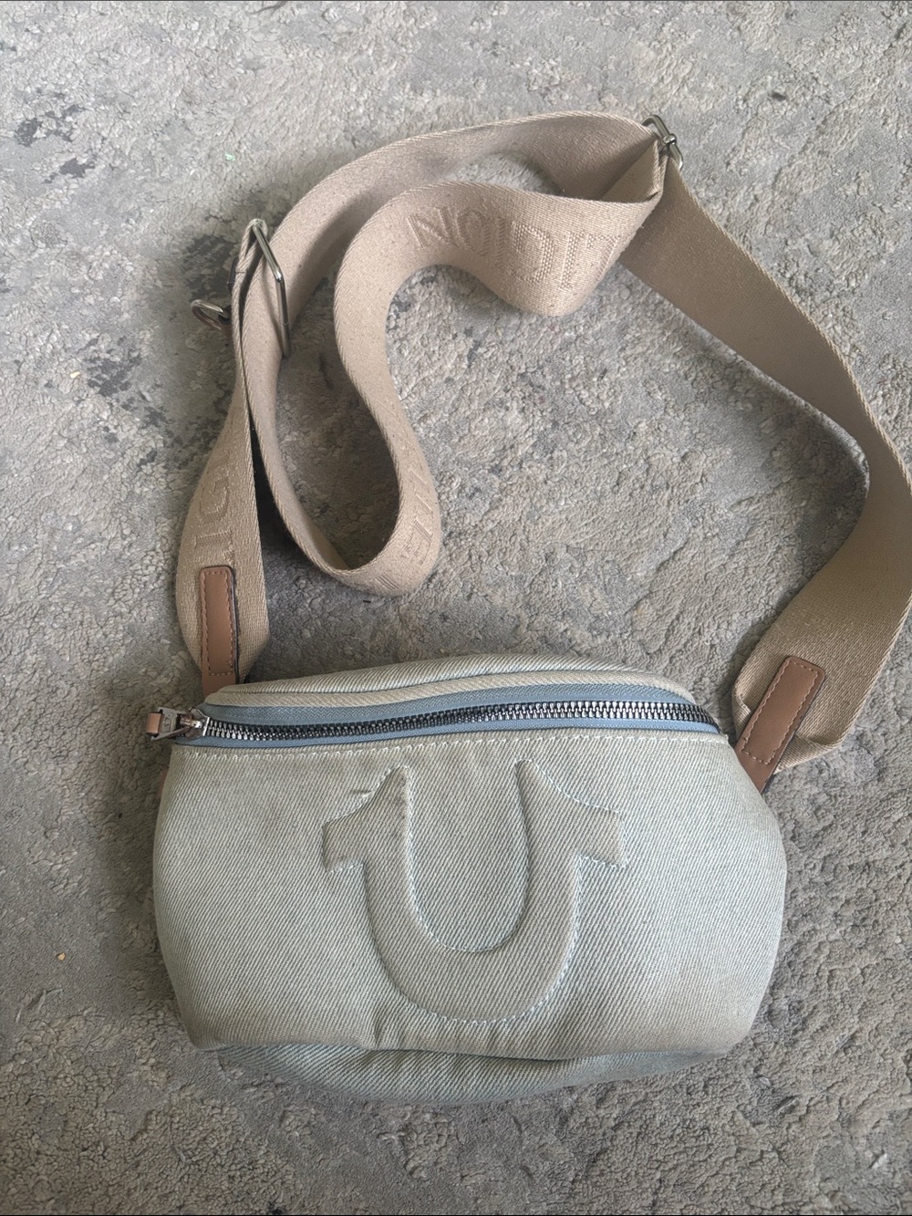True Religion Light Beige Canvas Crossbody Bag